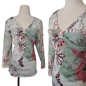Y2K Bandolino Floral Mesh Top Long Sleeve V-Neck